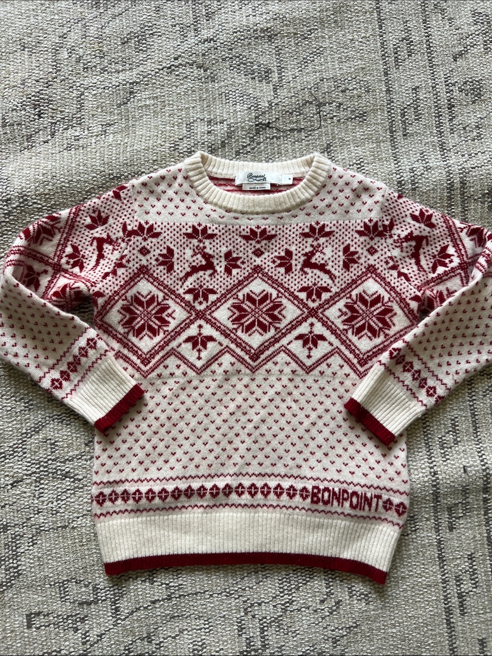 Bonpoint Cream & Red Nordic Pattern Knit Sweater 100% cashmere